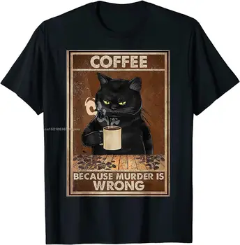 Kávu Preto, že Vražda Je Zle Black Cat Nápoje Káva Funny T-Shirt Nadrozmerné Hip hop Tričko Bavlna Topy, Tričká pre Mužov Voľný čas
